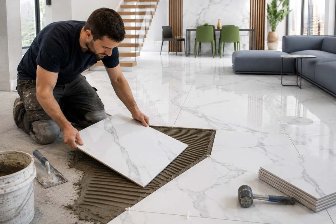 Porcelain Tile installation Porcelain Tile Installation in progress as a professional installer carefully sets large marble-look porcelain tiles into mortar in a modern living room.