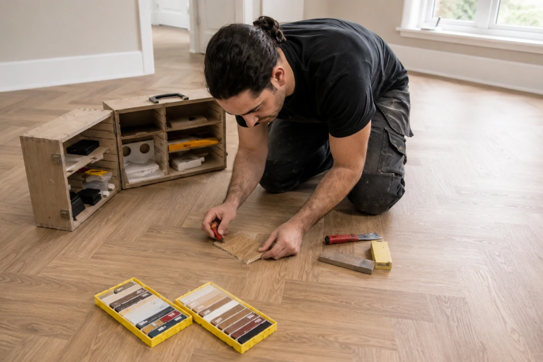 Vinyl Floor Repair being performed by a professional installer carefully fixing a damaged section of wood-look vinyl flooring.