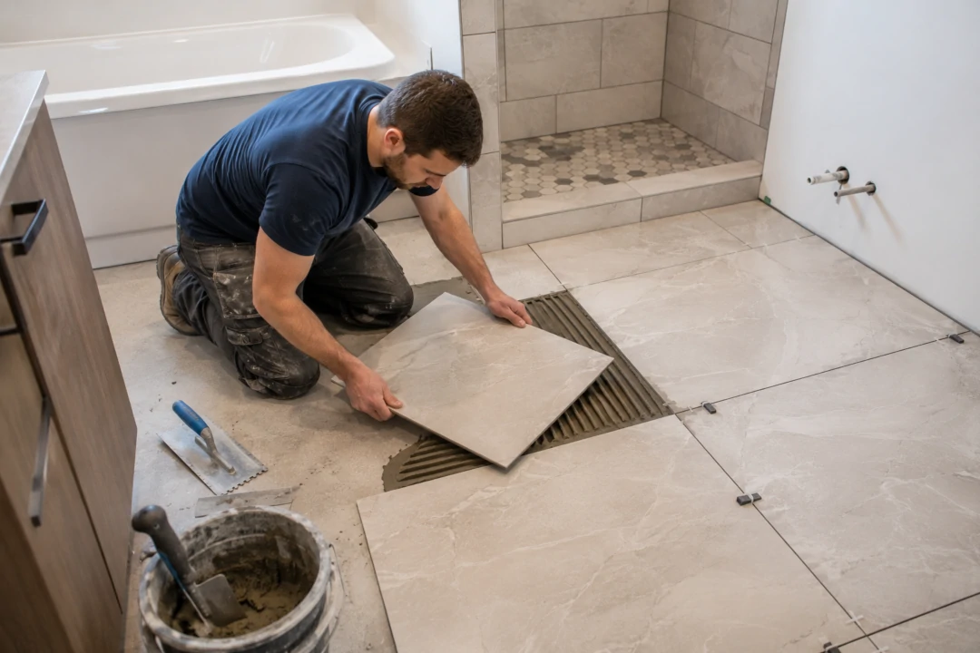 bathroom tile installation Bathroom Tile Installation in progress as a professional installer carefully sets large floor tiles into mortar in a residential bathroom.