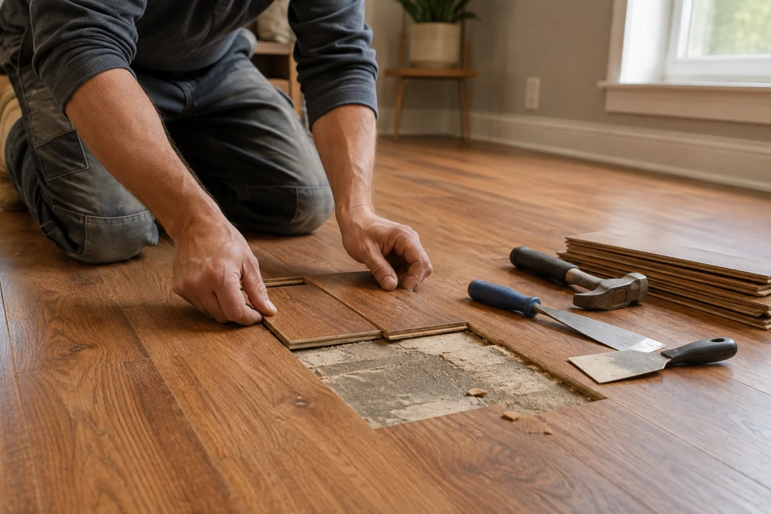 Flooring Repair in progress as a professional installer carefully replaces damaged wood-look flooring planks in a residential room.
