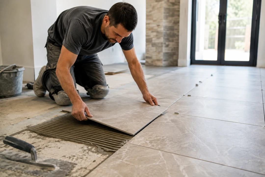 tile installation Tile Installation in progress as a professional installer carefully sets a large floor tile into mortar in a residential interior.