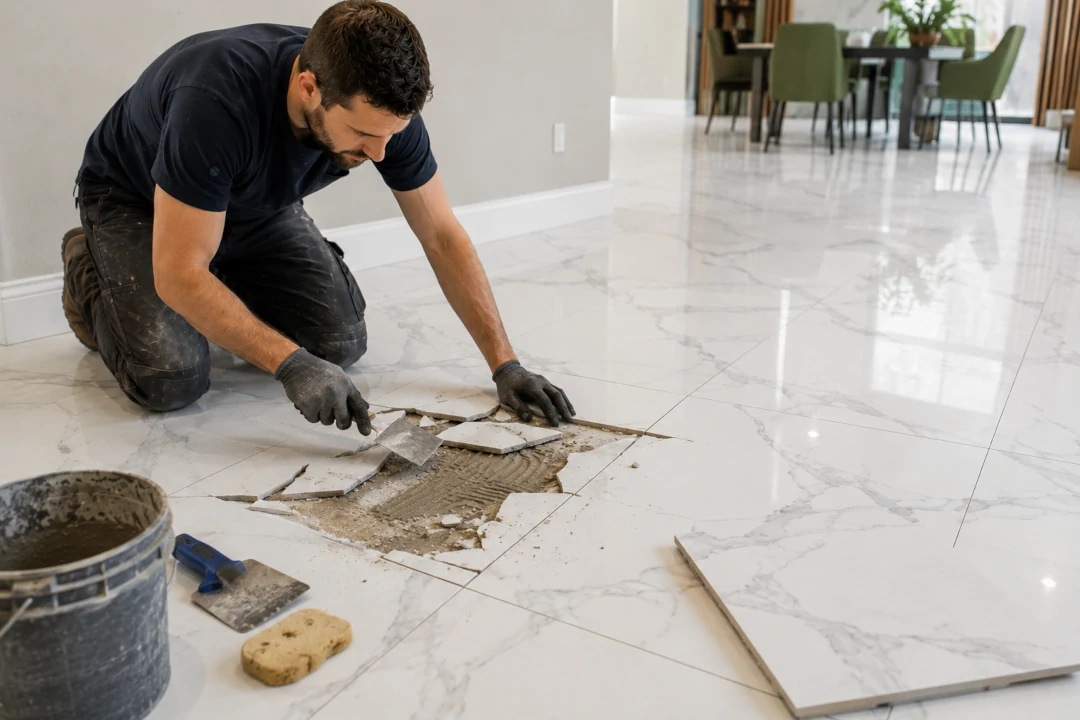 tile repair Tile Repair in progress as a professional installer removes damaged porcelain tile and prepares the area for a replacement tile.