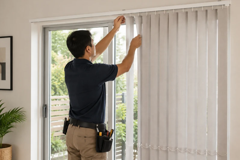 vertical blind installation Professional installer fitting vertical blinds on a large window for vertical blind installation.