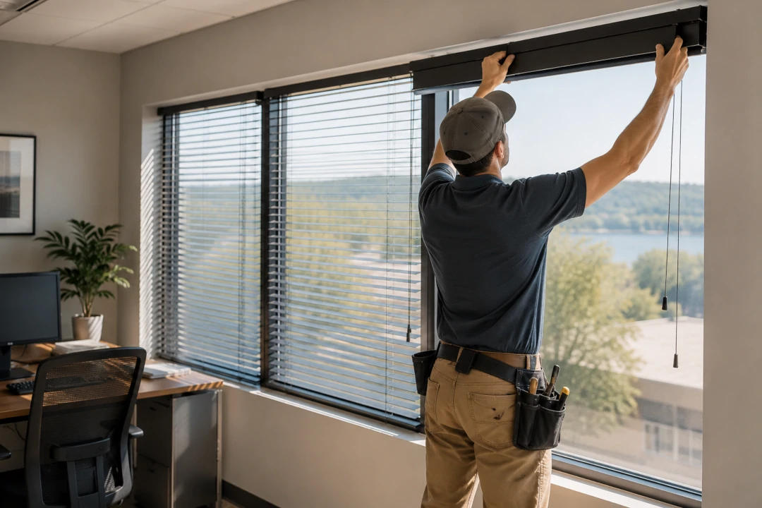 Window Blind Installation in a Decorah, IA office with a professional installer fitting blinds on large windows.